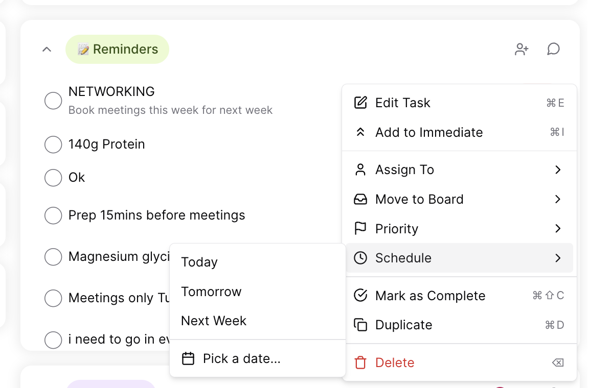 Right-click context menu showing reminder scheduling options
